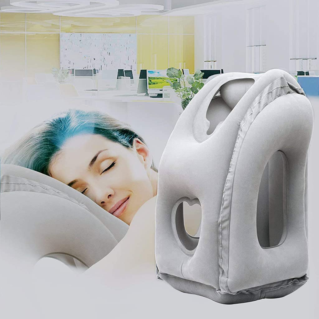 HANNEA® Inflatable Travel Pillow, Inflatable Neck Air Pillow for Sleeping, Support Head, Chin, Neck and Lumbar, Avoid Neck & Shoulder Pain, Comfortable for Airplane, Car, Polyvinyl Chloride, Grey