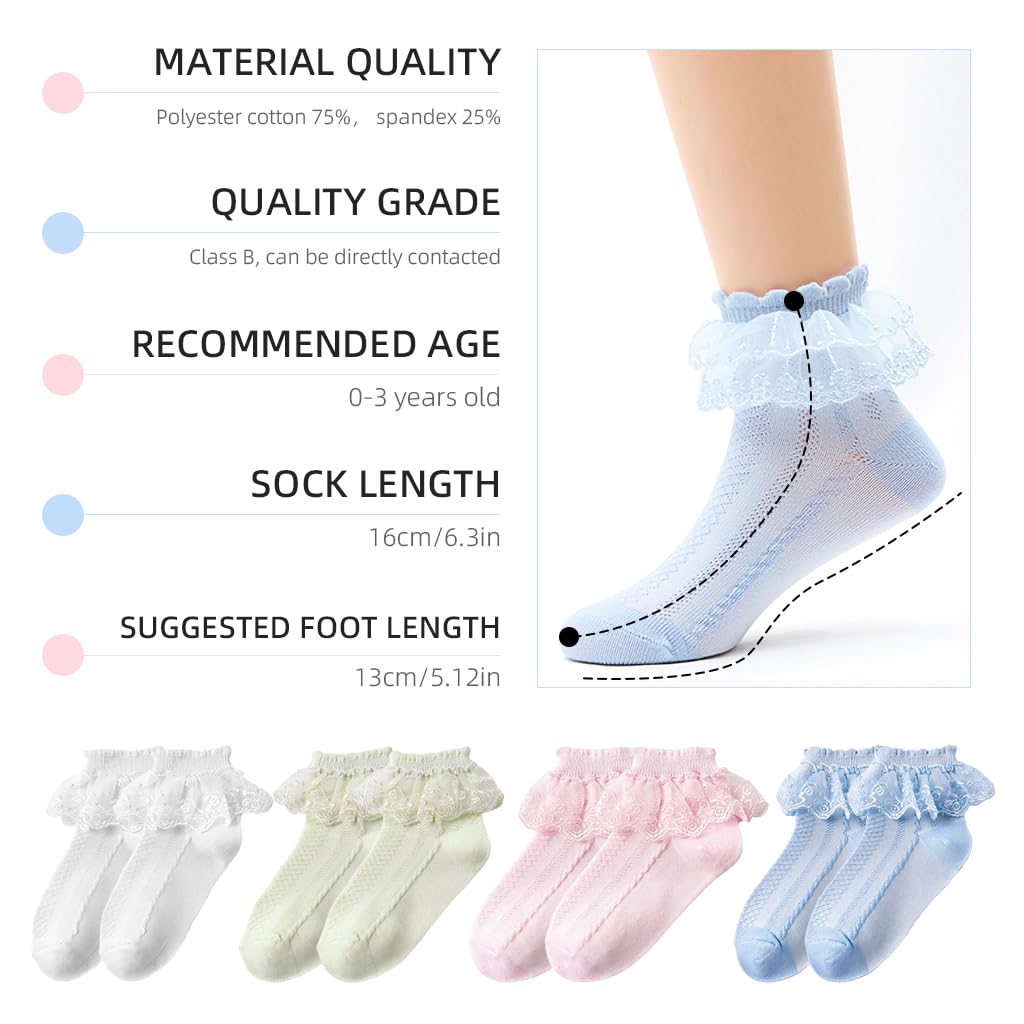 SNOWIE SOFT® 4Pcs Baby Socks 4-Color Baby Girls Sock Lovely Ruffle Lace Cuff Socks Summer Breathable Cotton Socks for 0-3 Years Old Baby Girls Newborn Shower Gift for Baby Girls