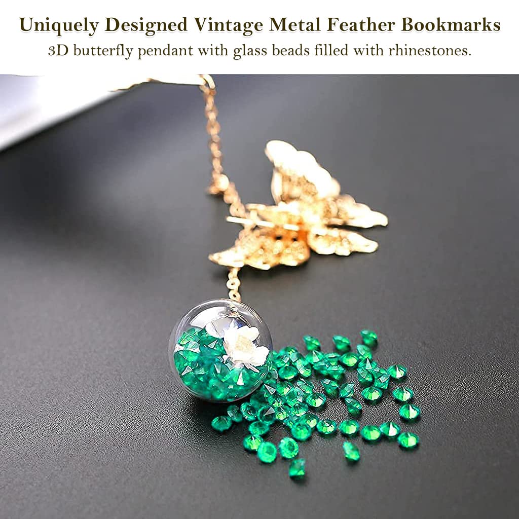 Supvox® Metal Feather Bookmark with Glass Beads Pendant, Vintage Feather Butterfly Bookmark for Reading Enthusiasts and Gifting, Bookmark Gift for Teachers Women Student (Green)