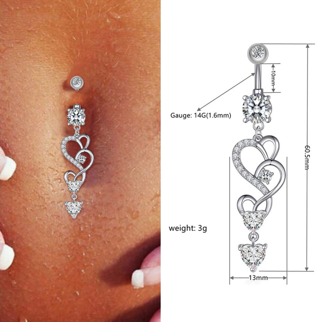 MAYCREATE Silver Heart Belly Button Rings-Stainless Steel Heart Shaped Diamond Design Belly Piercing Body Jewelry-14g