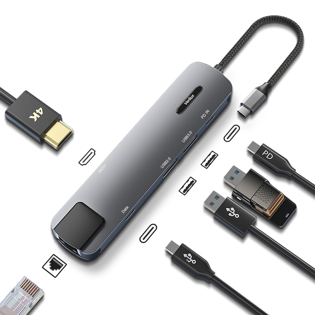 Verilux® USB C Hub with Ethernet 6 in 1 USB Type C Hub with 4K HDMI Converter, PD 100W Charging Port, Multi USB Port for Laptop with USB Hub 3.0 and 2.0 for MacBook Air M1 Pro, iPhone 15 Max Pro Plus