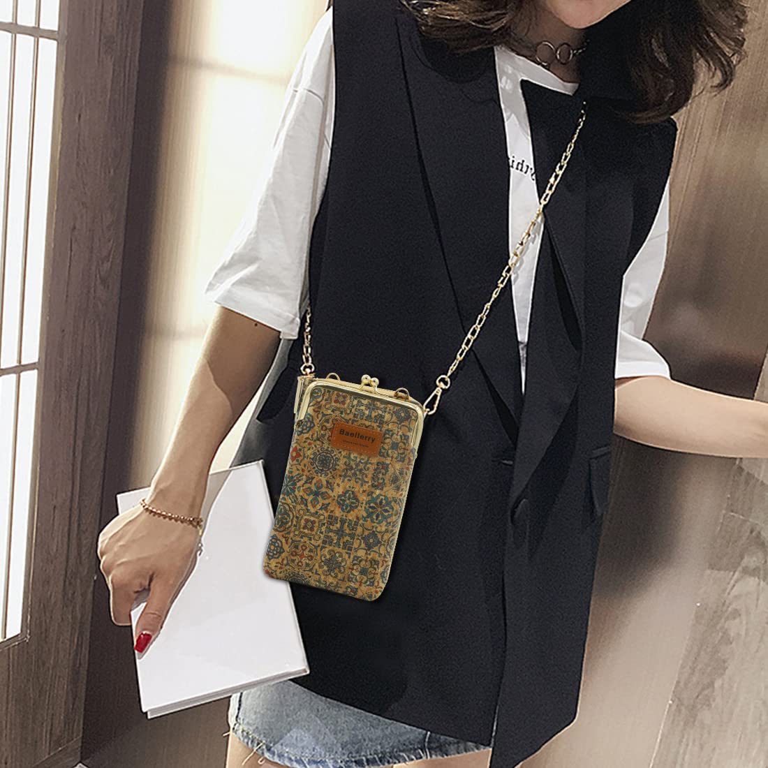 PALAY Crossbody Phone Bag for Women with 19x11x5cm Multi Layer Storage and Beige Art Print