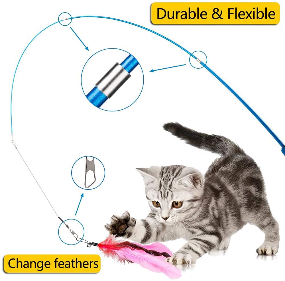 Qpets Cat Interactive Toys Set for Indoor Play with 10 Feather Attachments | Retractable Teaser Wand and Bells for Kittens