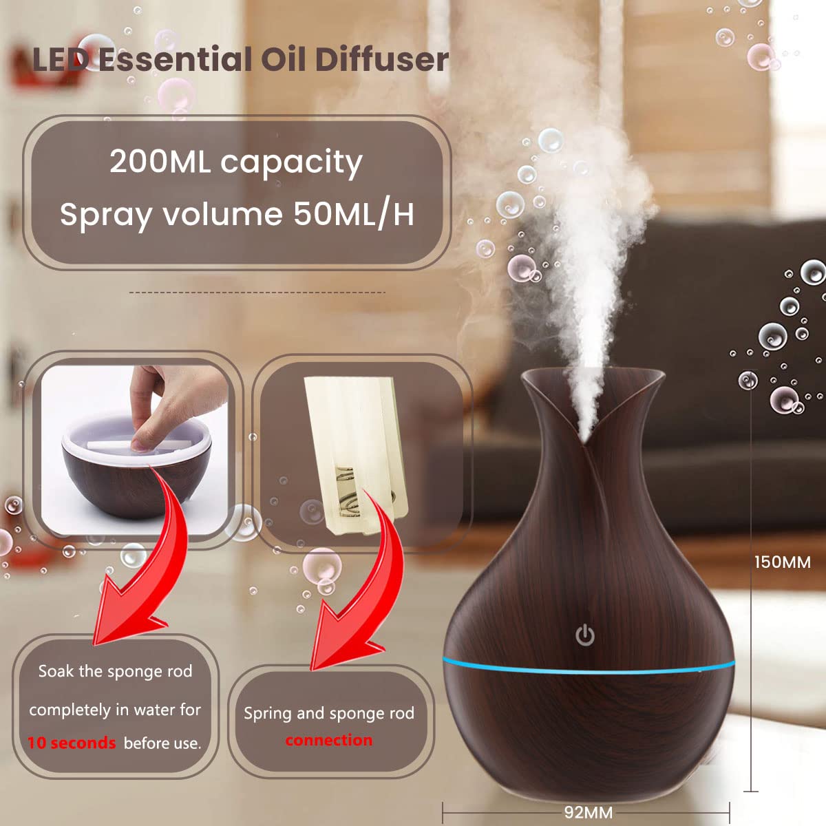 HANNEA Humidifier for Room featuring 7 Color LED Light and Touch Switch | 130ML Wood Grain Vase Design