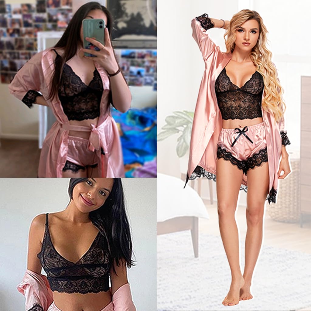 PALAY® Women Lingerie Underwear Suit Set of 4Pcs Silk Lace Women Longsleeve Robe Black Lace Bra Thong Set, M