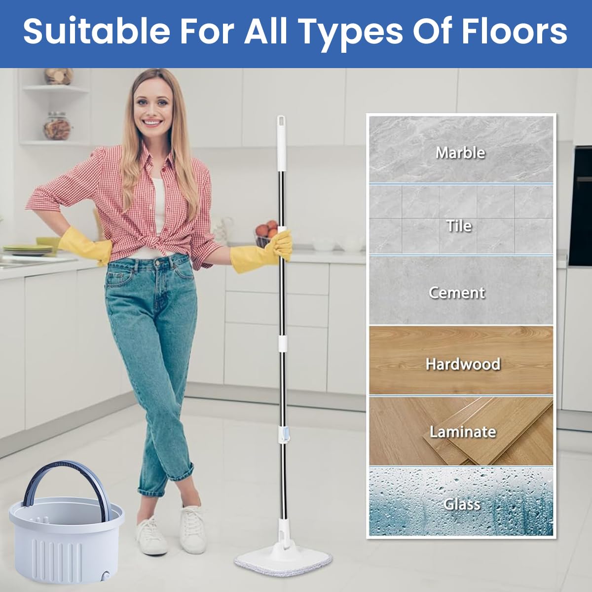 HASTHIP Microfiber Flat Floor Mop for Wet and Dry Cleaning with 3.5L Self Wringing Bucket and 360° Swivel Head