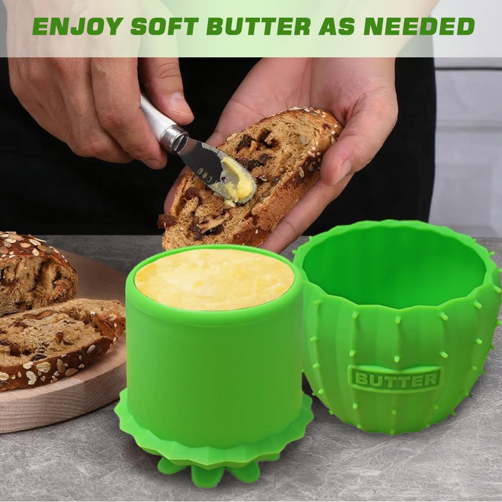 Supvox Cartoon Cactus Silicone Butter Jar for Kitchen Storage featuring Secure Lid 3.15x3.94 in | BPA Free Food Grade Green Container