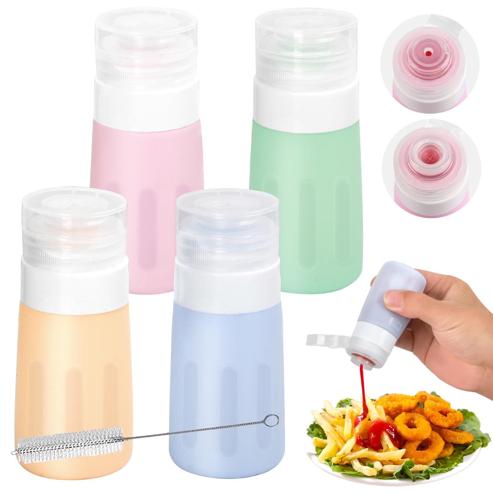 HASTHIP® 4Pcs Small Silicone Squeeze Bottles with Brush, Leakproof Salad Dressing Container to Go, Condiment Dispenser for Ketchup Lunch Travel, 2 Oz