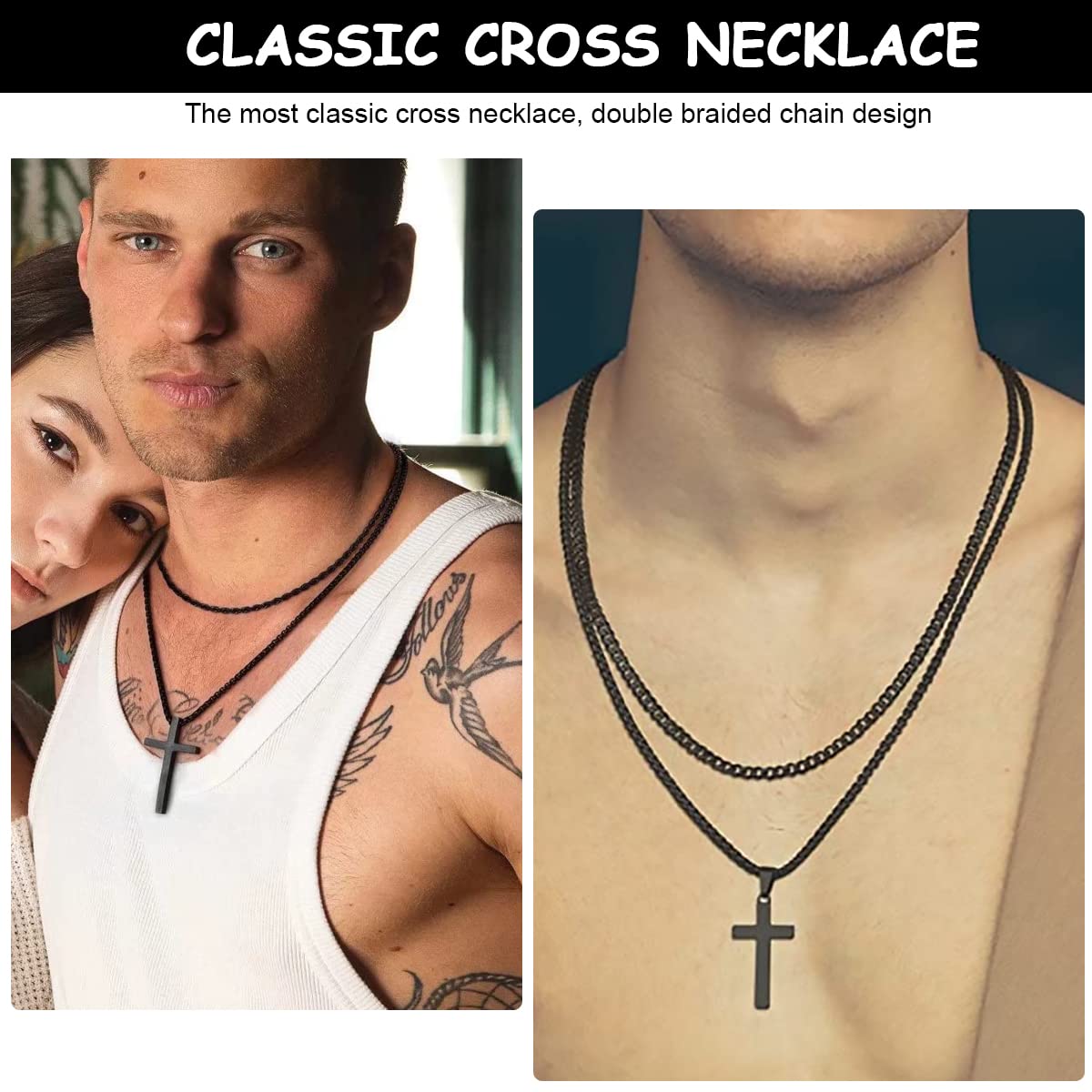 MAYCREATE® Black 2 Pcs Double Layered Electroplated Titanium Classic Cross Pendant Steel Chain Necklace Set with Flannel Bag for Men & Women