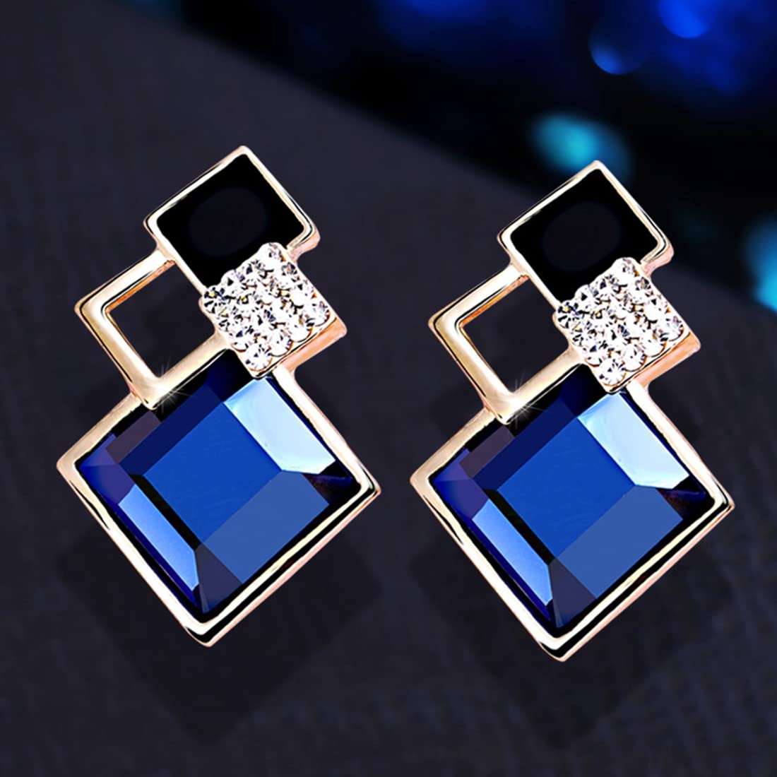ZIBUYU Earrings for Women featuring Geometric Three Square Drop Design in Blue | Hypoallergenic Alloy