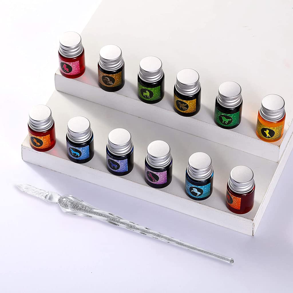 Climberty Glass Dip Pen Set, Calligraphy Pens and Ink Set - 12 Colors Ink, Crystal Glass Pen Set for Art, Writing, Drawing, Signatures, Gift for Kids and Artist
