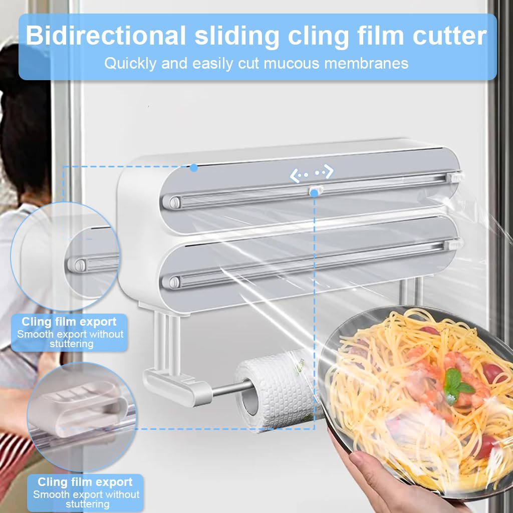 HASTHIP Magnetic Food Wrap Dispenser with Dual Hidden Blades and Sliding Cutter | White 3 in 1 Foil Paper Holder for Cling Film Tin Foil and Wax Paper