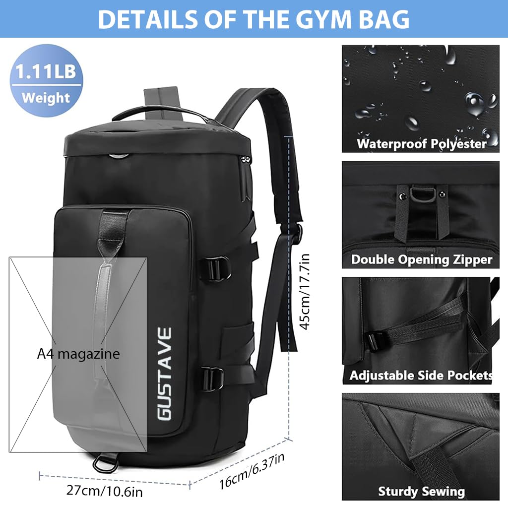 GUSTAVE Gym Duffle Bag for Travel and Fitness with Shoe Compartment and Waterproof Nylon | Minimalist Backpack for Men and Women