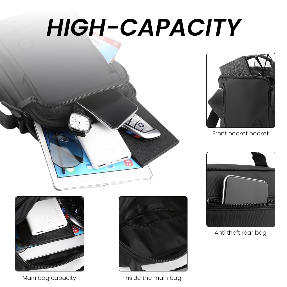 Venzina Sling Bag for Men featuring 20×10×25 cm storage and adjustable strap | Black Nylon