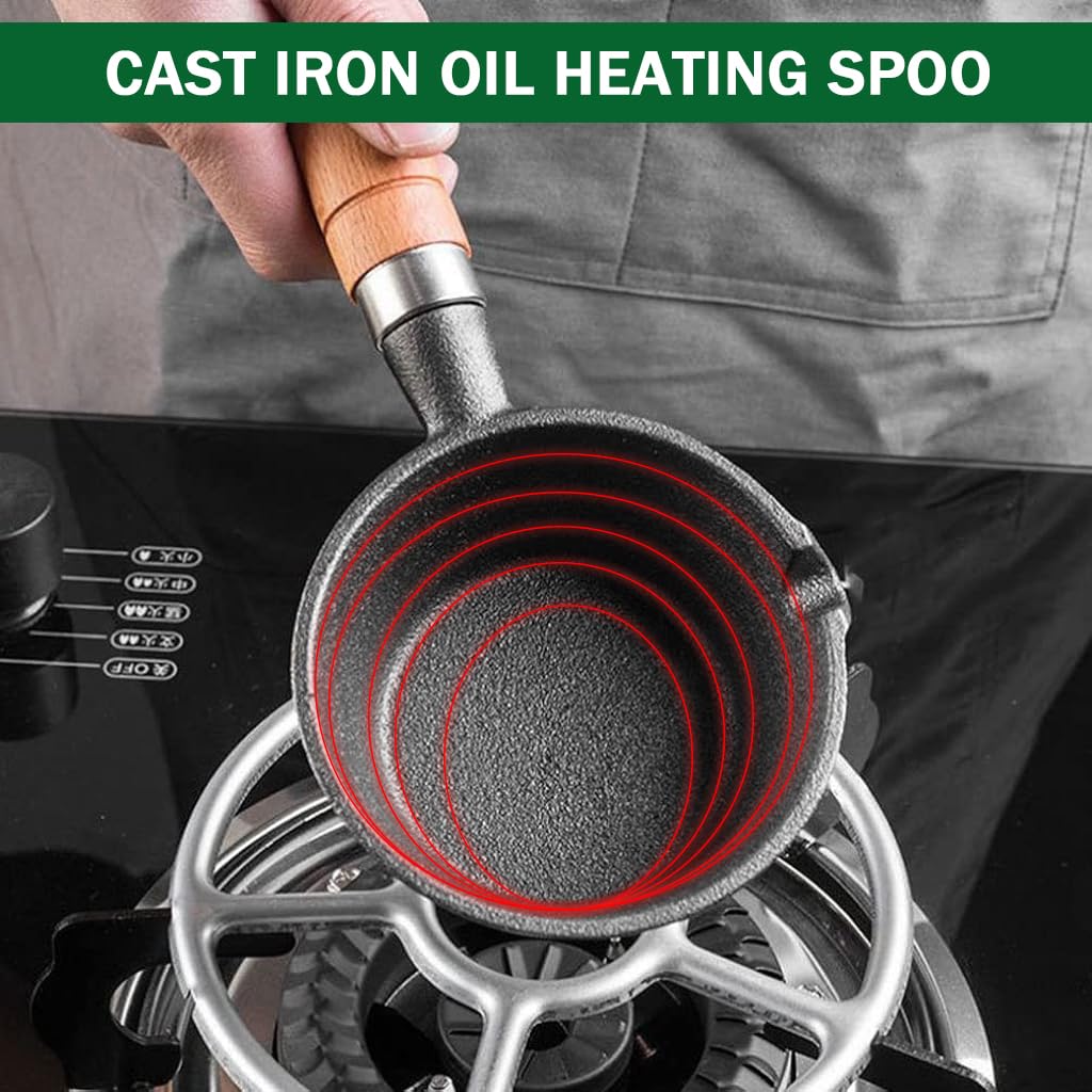 Supvox Cast Iron Tadka Pan for Oil Heating with Wooden Handle and Easy Pour Nozzle | 1 Liter
