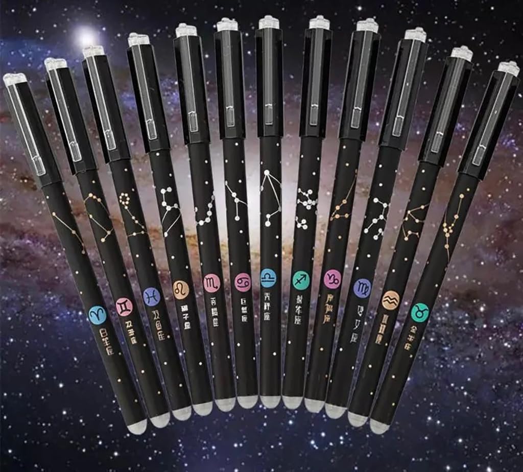Zibuyu Erasable Gel Pens 12 Pack 0.5mm Fine Point with Built In Eraser for Smooth Writing | Blue Ink Constellation Design