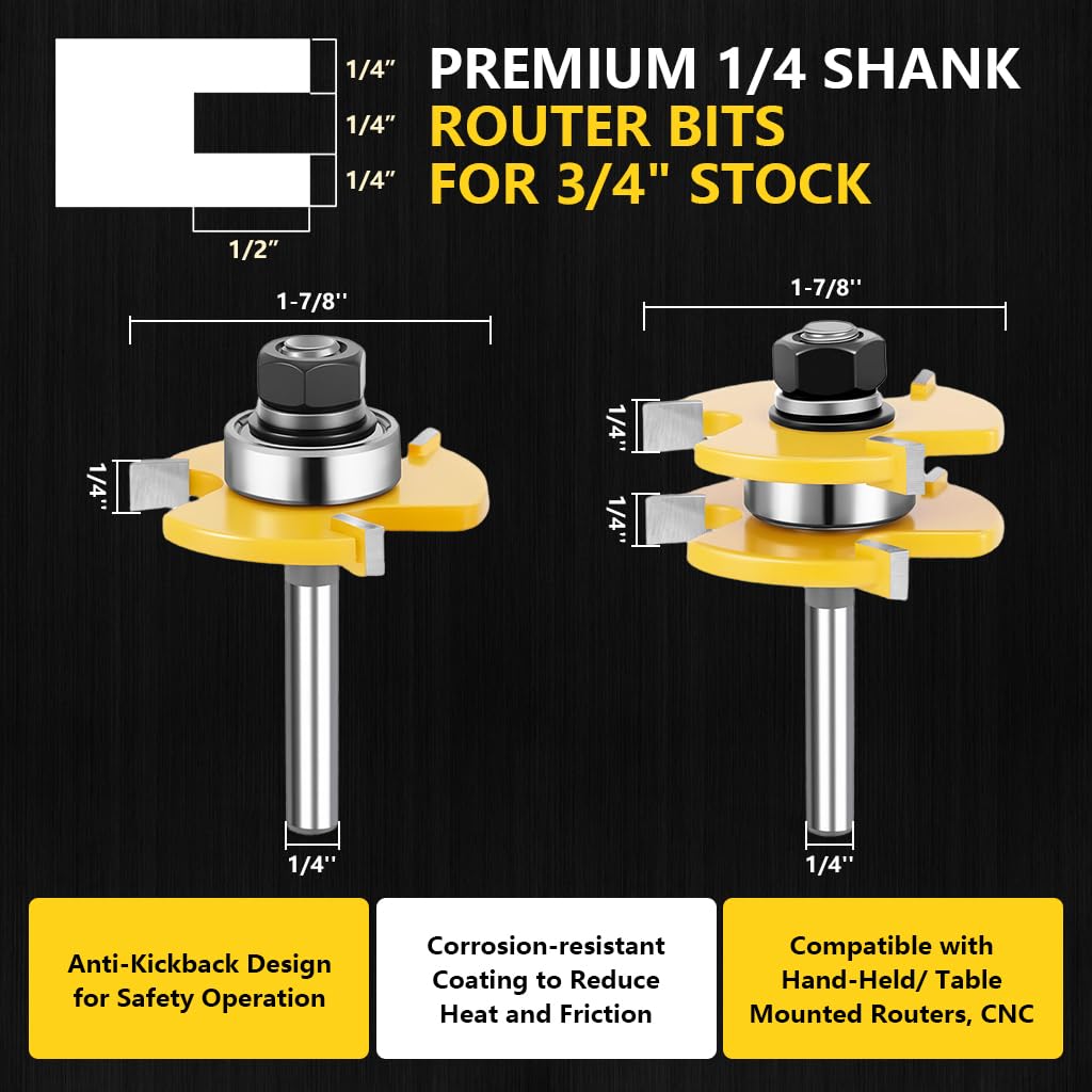 Serplex Router Bit Set for Precise Cabinet Joinery with Adjustable 3 Teeth Shaker | Alloy Steel 1/4 in Shank