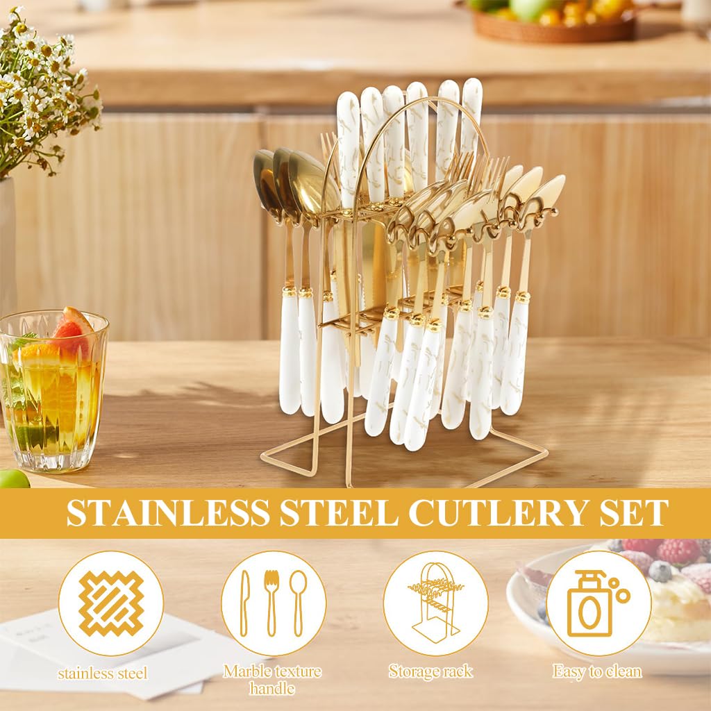 ZIBUYU Spoon Set for Kitchen with 24 Pieces and Cracked Pattern Handles | Golden Stainless Steel Cutlery