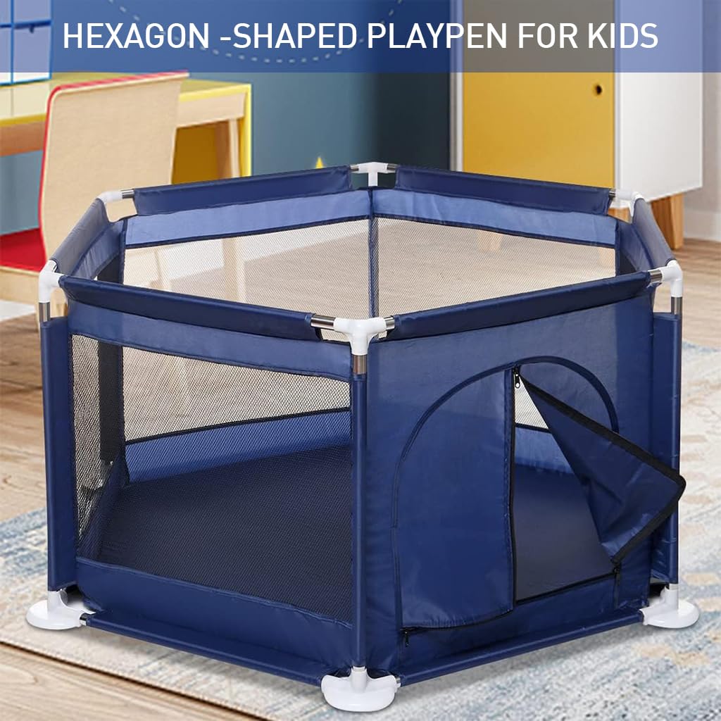 SNOWIE SOFT® Baby Play Area Indoor Setup with Basketball Frame & Gate DIY Assembly Hexagon Play Yard Breathable Playpen for Babies and Toddlers Portable Outdoor Baby Playpen, with 2 Pull Grips