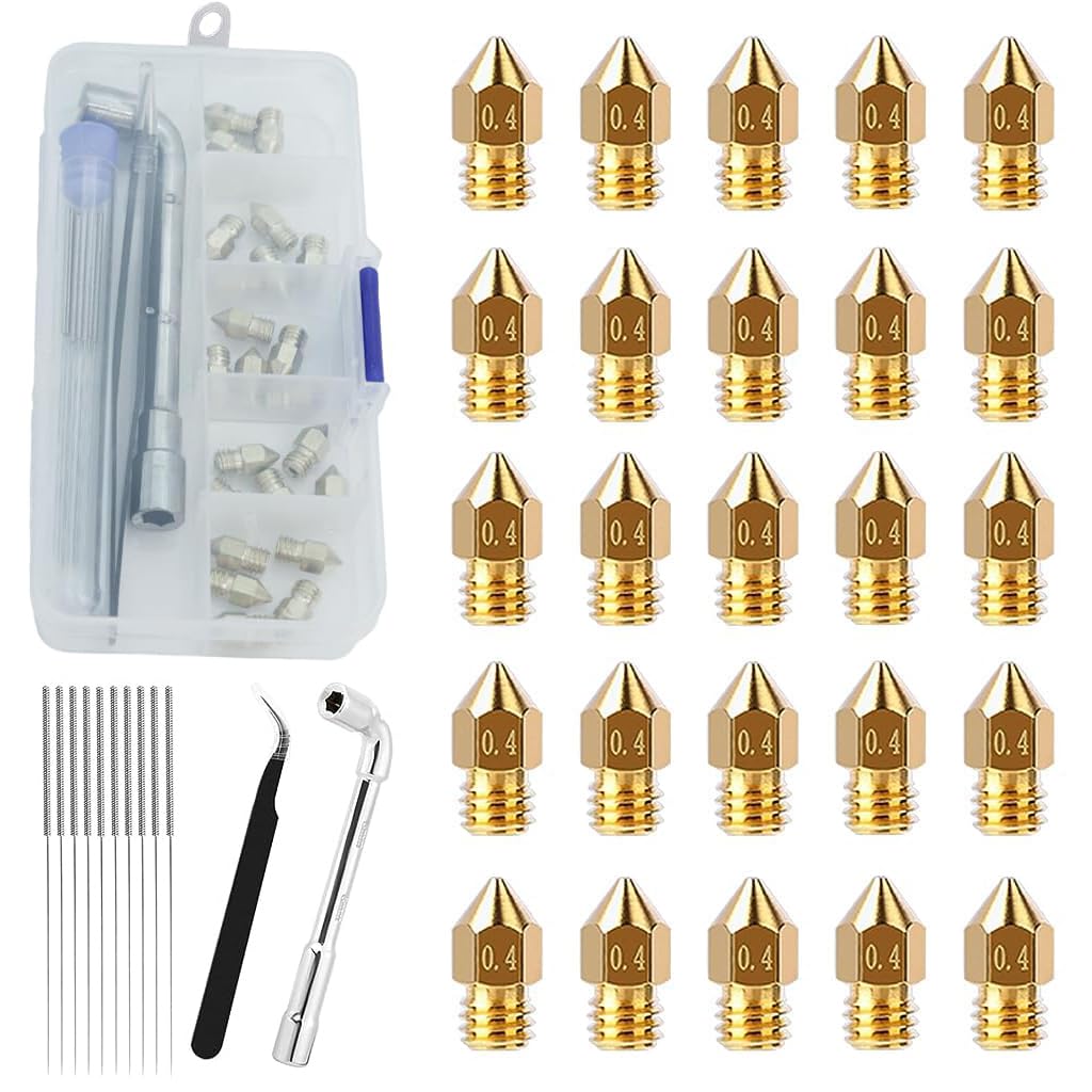 Serplex 3D Printer Nozzles Kit for Creality Ender 3 and CR 10 featuring 25pcs 0.4mm Brass