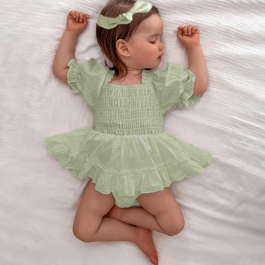 SNOWIE SOFT Baby Dress Bow Headband Set Infant Girls Romper Dress Light Green Princess Baby Dress Short Sleeve Ruched Jumpsuits Skirts Hem Bodysuits Baby Shower Gift for Infant Girls 3-6 Month