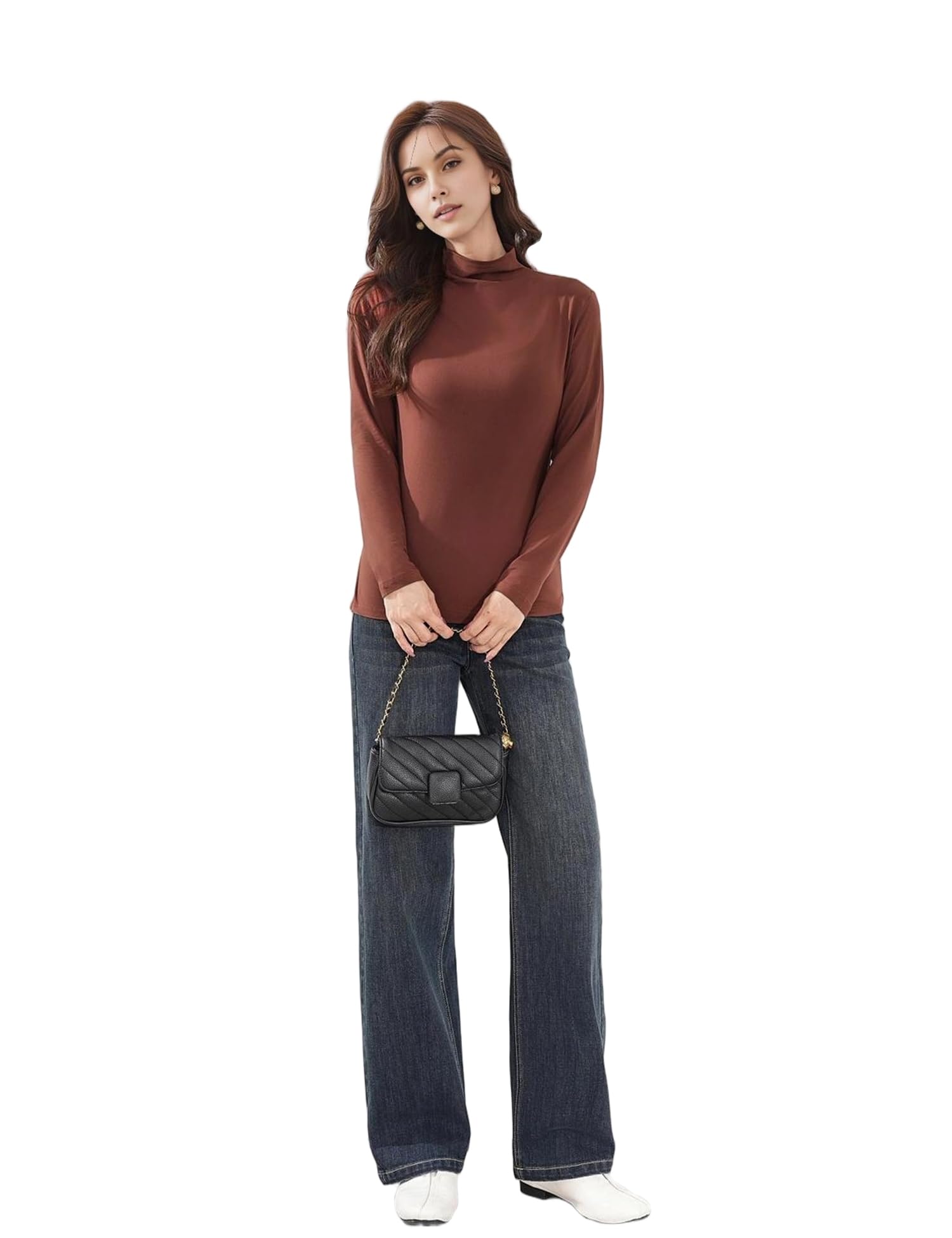Venzina Women's Mock Neck Long Sleeve Top for Fall and Winter Layering | Soft Stretch Slim Fit Pullover in Rust Brown