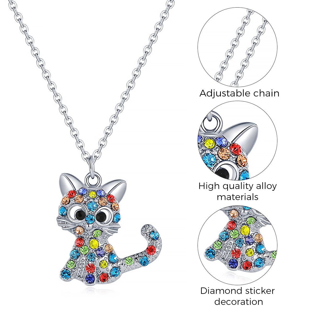 SANNIDHI Cat Necklace for Girls featuring 30mm Alloy Kitty Pendant with Rhinestones | Adjustable Chain