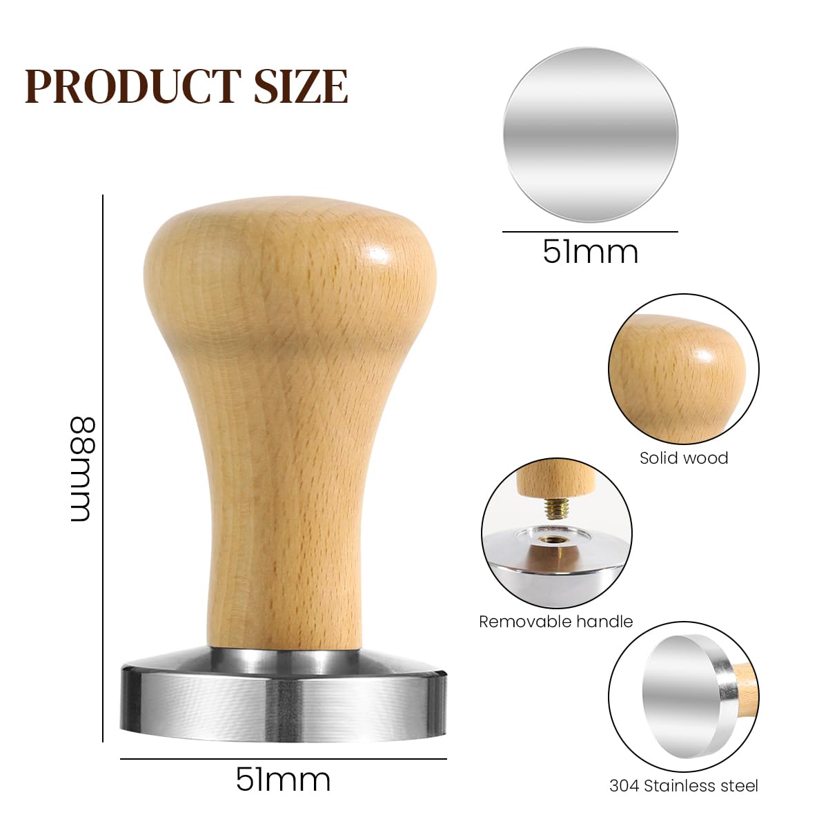 Supvox® 51mm Espresso Tamper Heavy Duty Metal Base Barista Coffee Tamper Elegant Solid Wooden Handle Espresso Tamper Espresso Tamper Coffee Press Tool