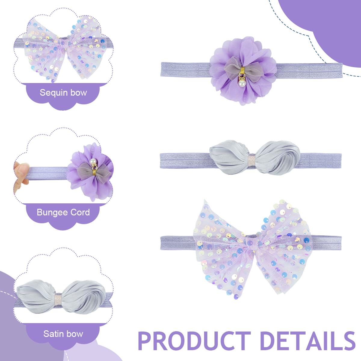 SNOWIE SOFT Hair Bands for Baby Girls 0–2 Years with 14.9–20.4 in Stretch | Soft Purple Flower Bows