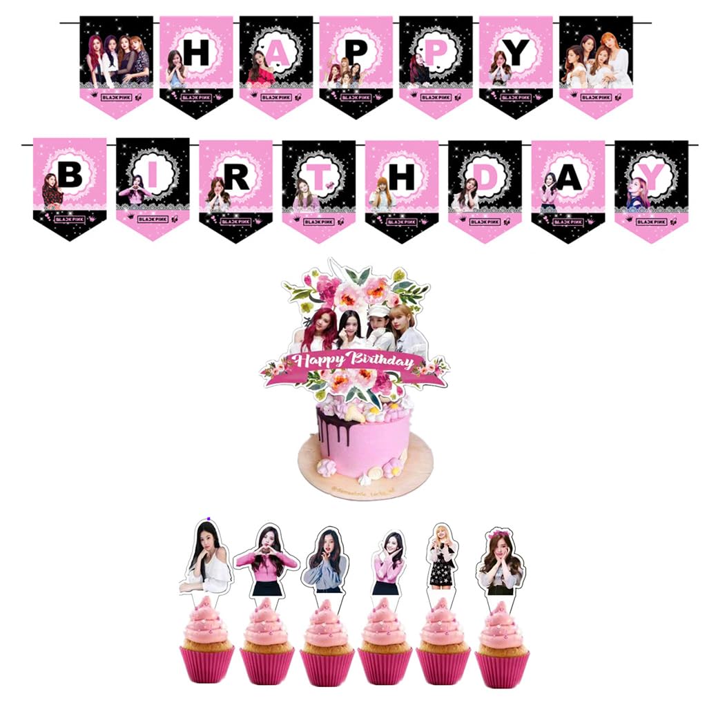 HASTHIP® Blackpink Theme Cake Decoration Cake Topper Party Supplies Kit with Banner, Ballon, Cake Topper, Cupcake Topper Birthday Cake Decoration Blackpink Fans Party Decor