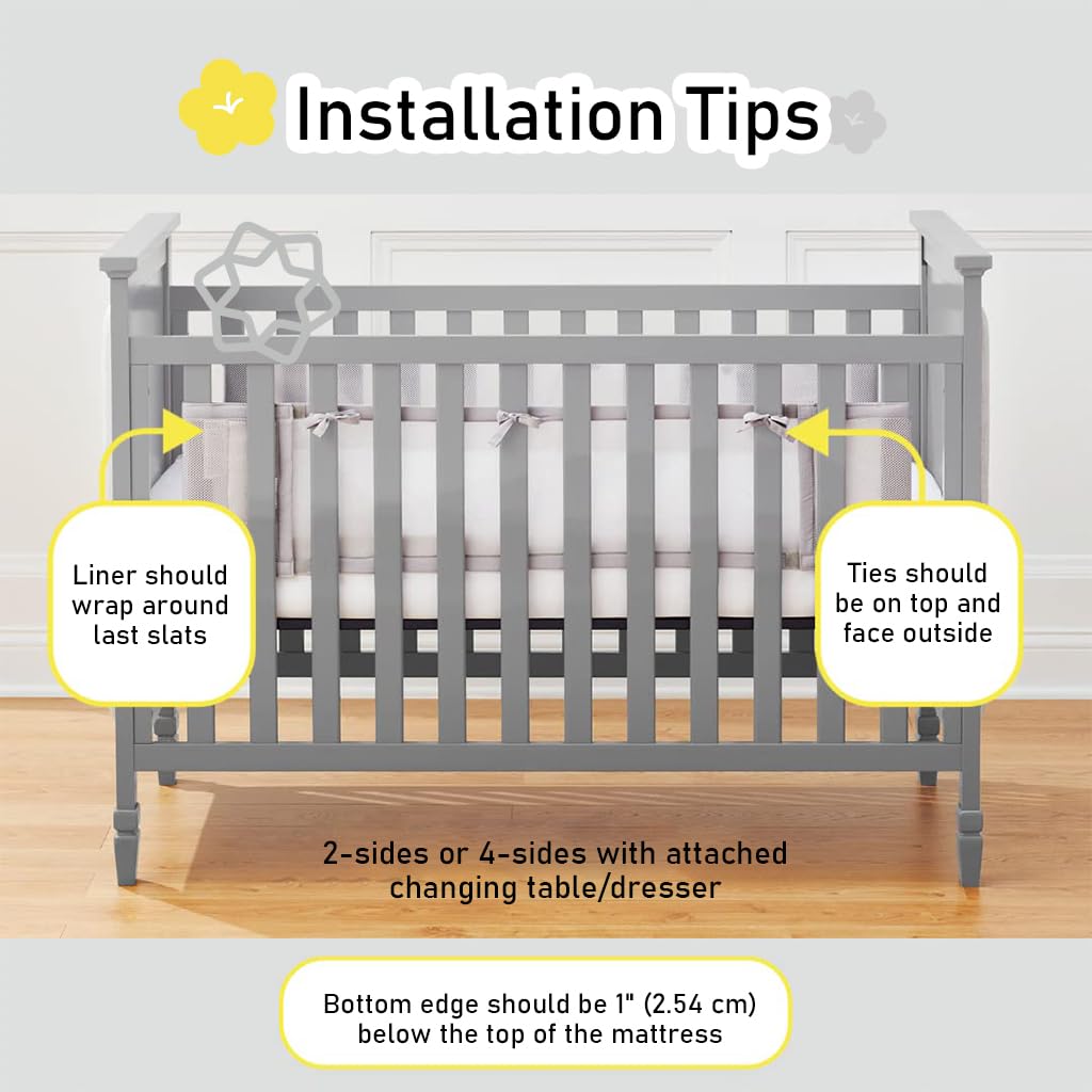 SNOWIE SOFT Breathable Mesh Crib Liner 62×11.8 in for Baby Cribs with Cuttable Fabric Fence | Easy Detachable Design