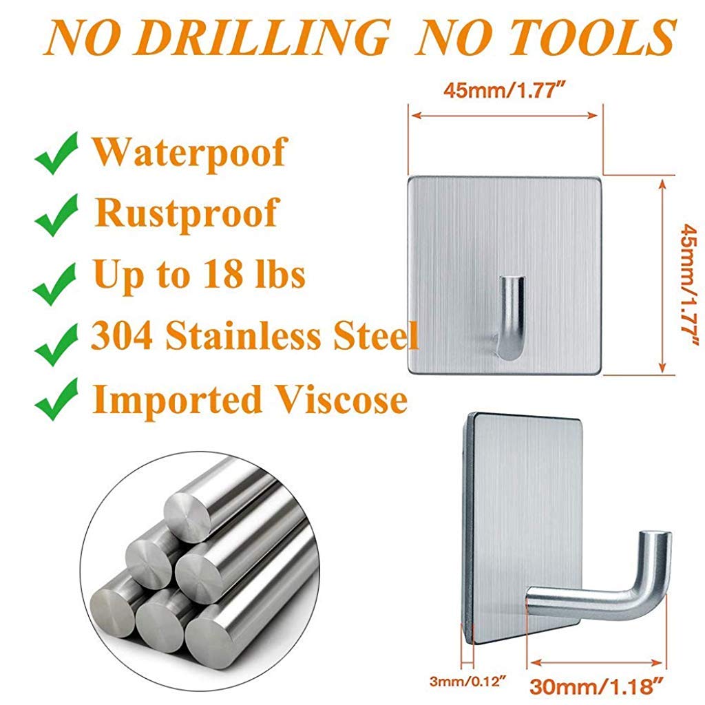 HASTHIP® 8 Pcs Heavy Duty Adhesive Wall Hook, No Drilling, Waterproof & Rustproof, 6.8kg Capacity, for Bathroom, Kitchen, Office, Silver, 1.77