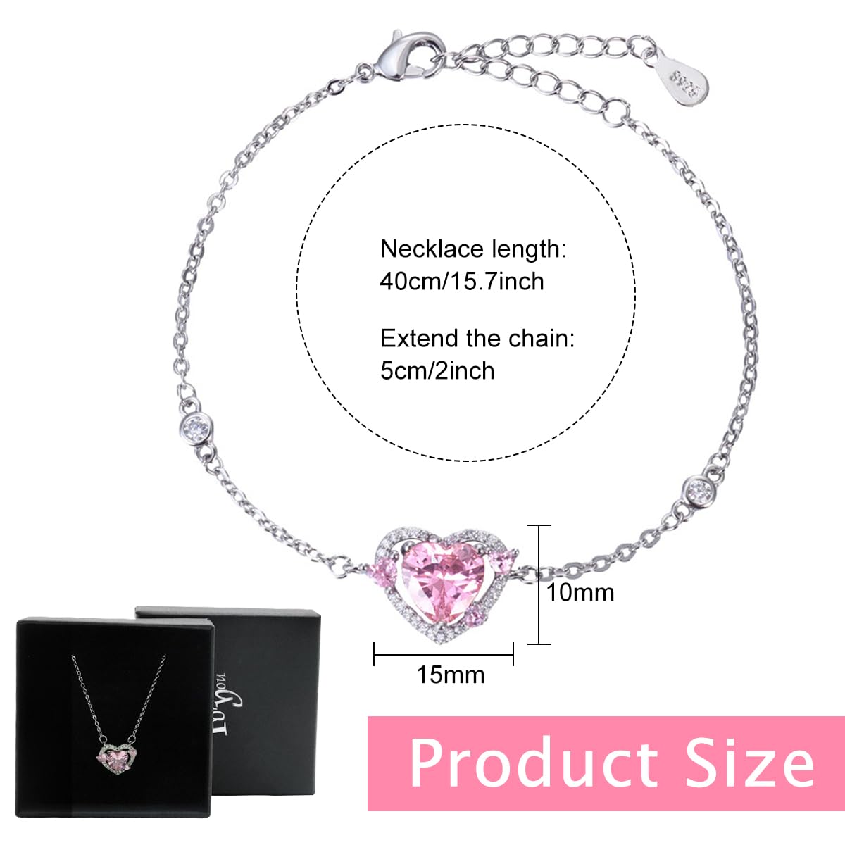 Zibuyu Necklace for Women with Pink Heart Pendant and Rhinestone Inlay | Gift Box Set