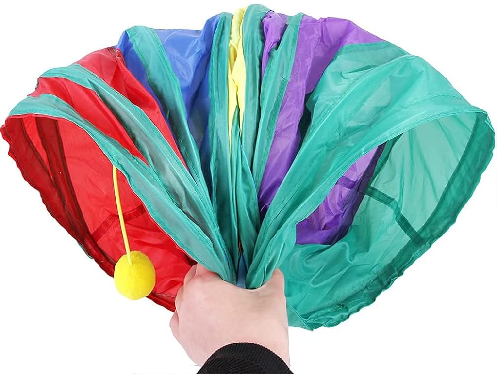 Qpets® 3 Way Rainbow Tunnel Cat Toy Combo with Collapsible Play Tube and Feather Teaser Wand, Interactive Kitten Toys Set for Indoor Outdoor Exercise, Training, Hiding & Play