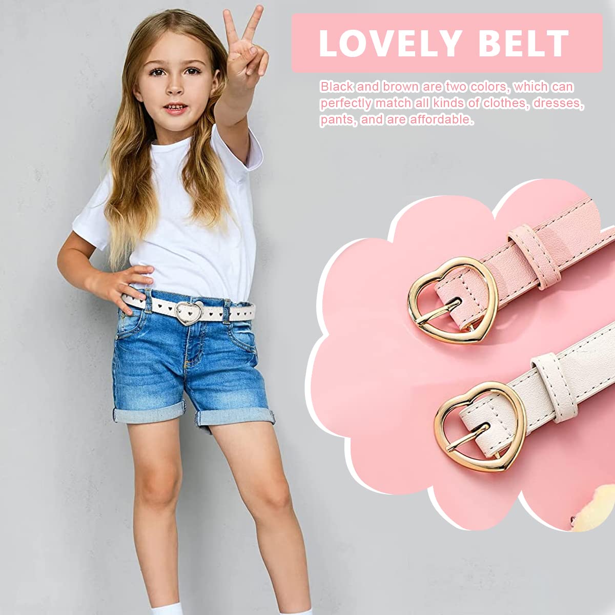 PALAY Kids Belt for Girls featuring 100cm PU Leather Heart Buckle Design in Black & Brown | Ages 6-12