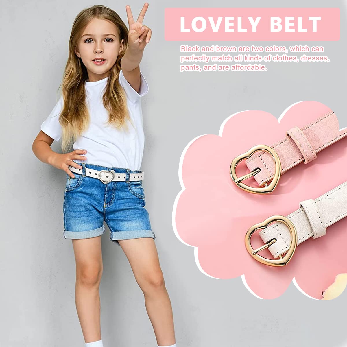 PALAY® Girls Belt for Jeans, 2 Pack PU Leather Kids Belt for Girls 6-12, Fashion Hollow Heart Metal Buckle Waist Belt for Girl Dress Pants Gift (Pink & White, Suit for Waist 26-30