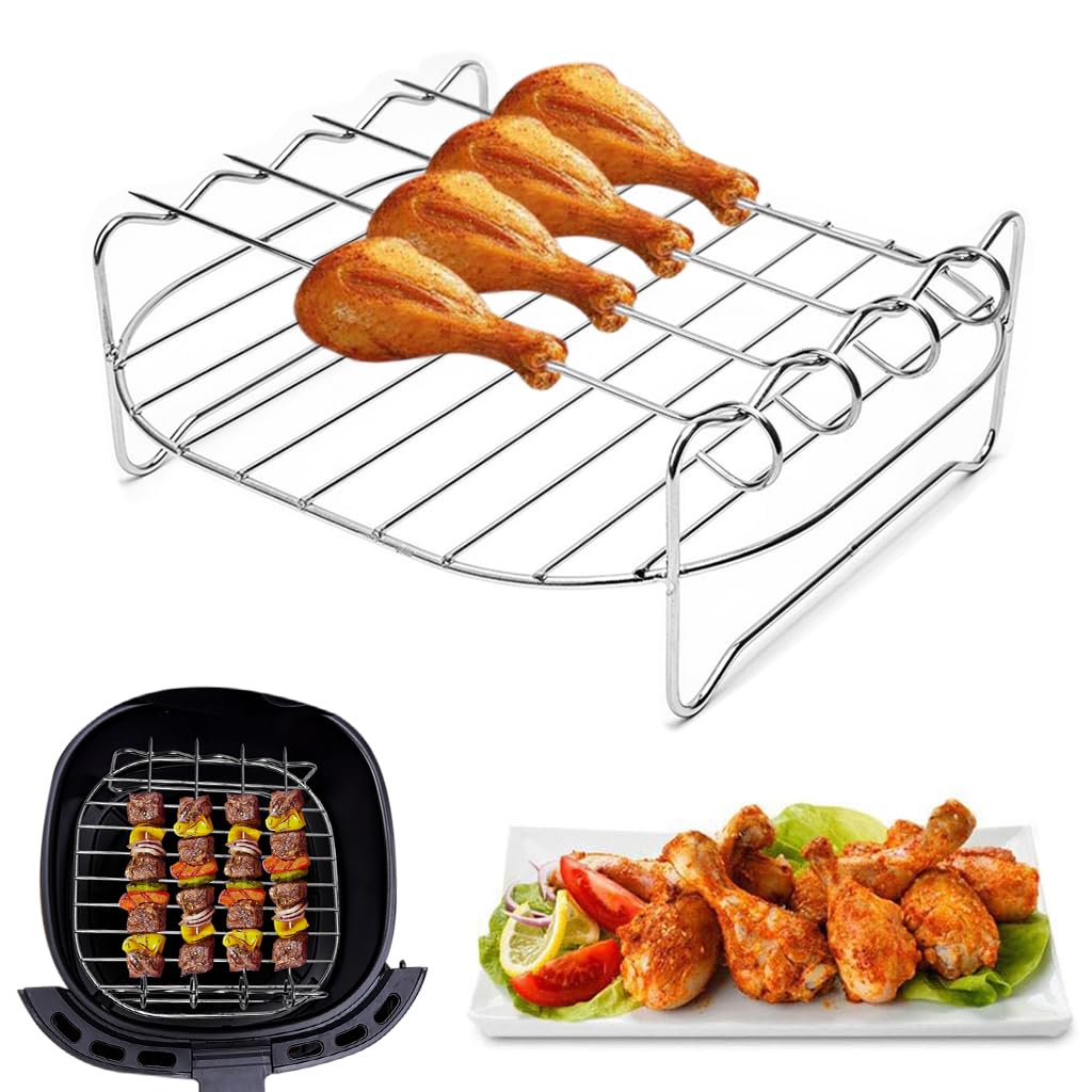 Supvox® Air Fryer Grilling Rack Skewers Combo Stainless Steel Grilling Rack with 4pcs Stainless Steel Skewers, Double Layer Grilling Rack with Handle Fits Most 4.2QT Air Fryer