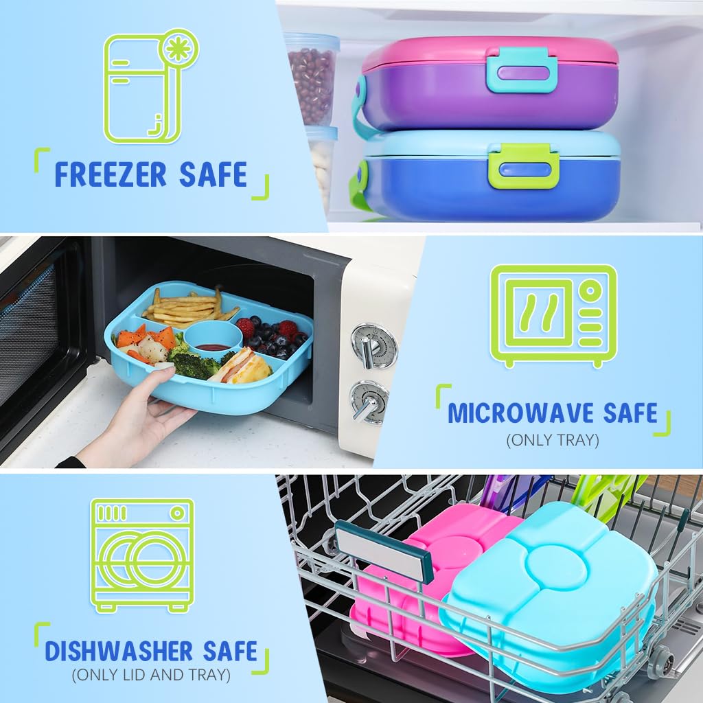 Supvox® 1.3L Kids Lunch Box with Handle 4-Compartment Bento Box with Fork & Spoon Water Steam Heating Lunch Box Leakingproof Portable School Lunch Box Food Grade PP Heat Resistant Lunch Box