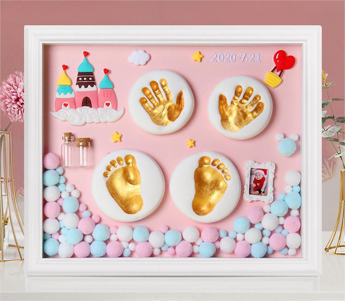 PATPAT® Baby Clay Footprint & Hand Print Kit Golden Paints Baby Hand & Foot Clay Kit with 12 Inches Photo Frame & Accessories Newborn Handprint and Footprint Clay Kit, Baby Shower Gifts