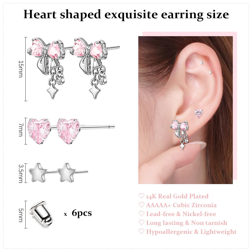 SANNIDHI Earrings Set for Women with 3 Pairs Silver Pink Rhinestone Bow Studs | Hypoallergenic Stainless Steel