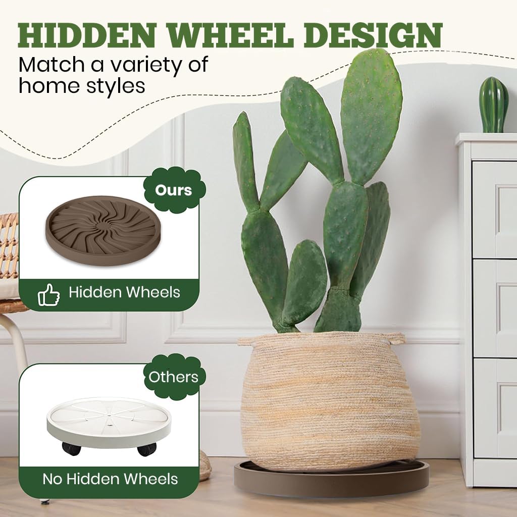 HASTHIP Plant Pot Stand for Indoor and Outdoor Use with 360° Wheels and Spiral Ridged PP Tray | 37 cm Round Brown
