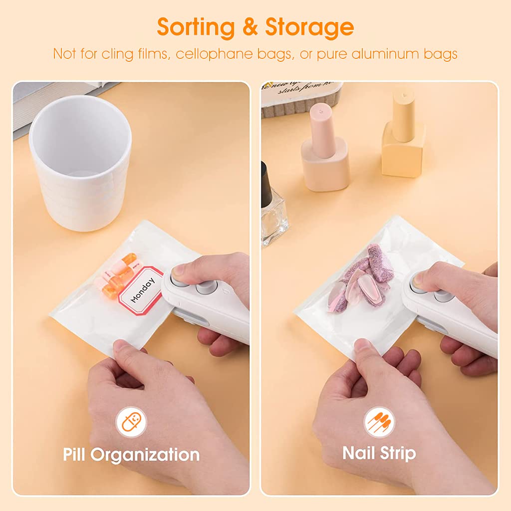 Supvox Mini Sealing Machine for Food Bags with 2 in 1 Sealer and Cutter | Rechargeable White