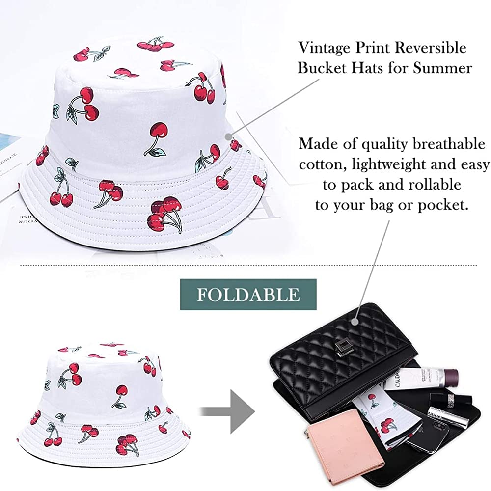 PALAY Bucket Hat for Women Cotton with Cherry Print Reversible Summer Sun Fisherman Outdoor Cap Beach Hat for Girls Teens