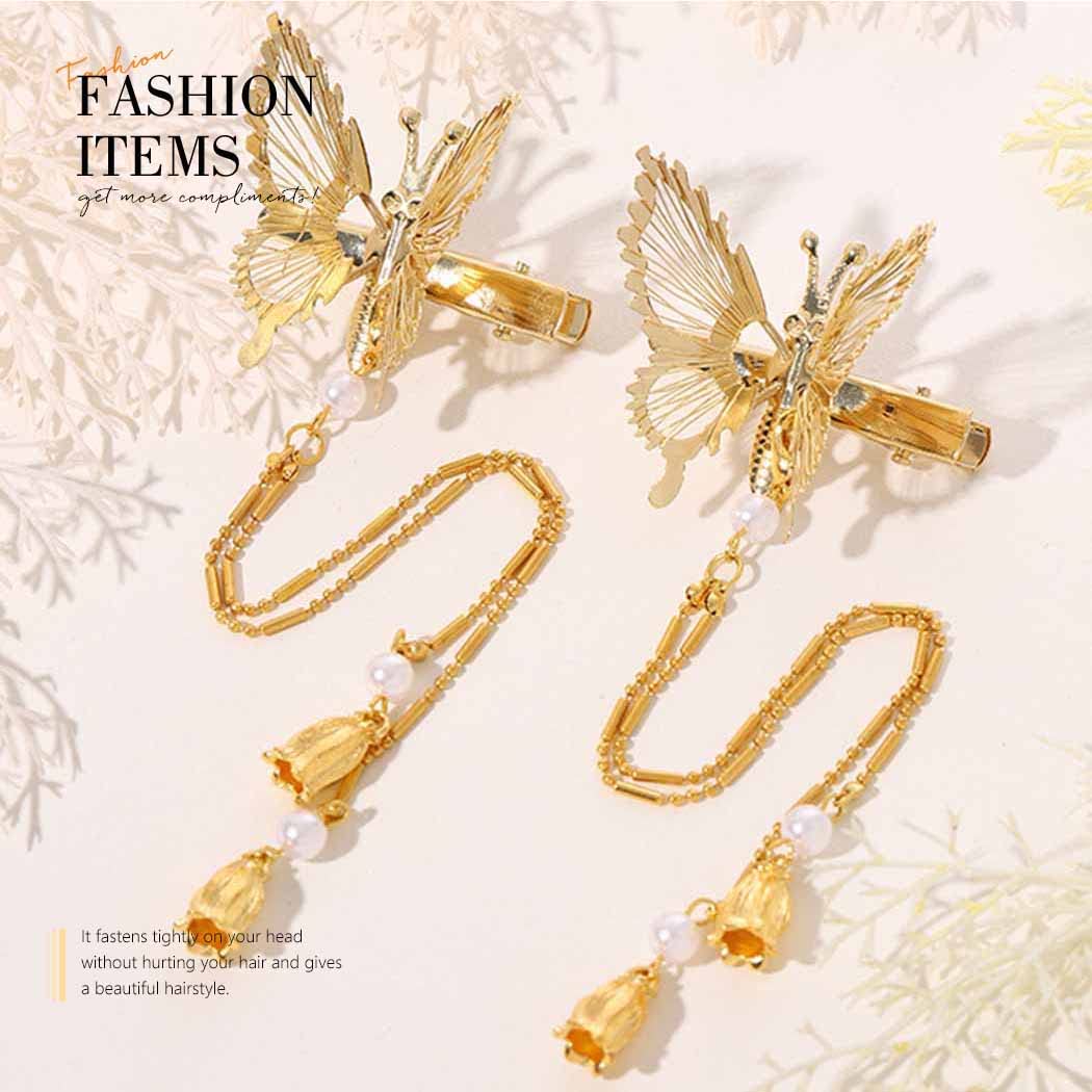 SANNIDHI Metal Butterfly Hair Clips for Girls with Tassel and Faux Pearl Design | 2 Pack Gold