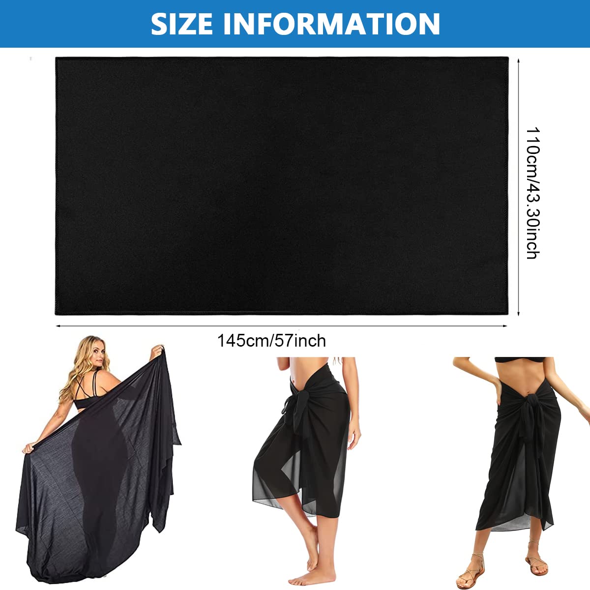 Venzina® Sheer Sarong Beach Coverups, Long Chiffon Swimsuit Coverup Sarongs for Women Beach Wear Bikini Wrap Coverup - Black, 57in