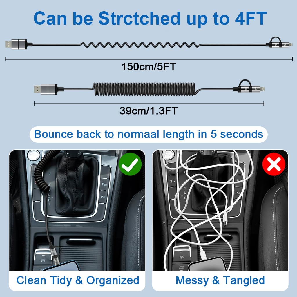 Verilux Type C Charger Cable 4 in 1 4 ft 1.2 m with PD 60 W Fast Charging and Spring Coil Design