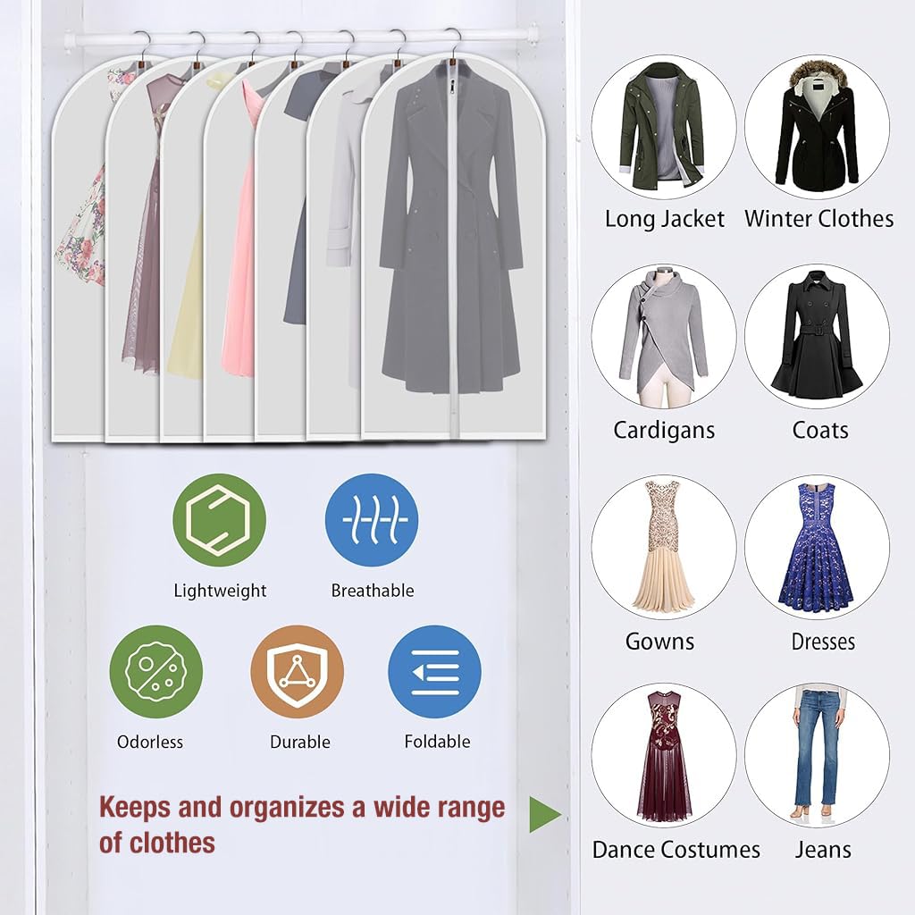 HASTHIP® 5Pcs Garment Bag Wardrobe Hanging Garment Bag, PEVA Transparent Dustproof Garment Cover Zip-up Garment Bag for Suit, Coat, Tuxedos, Coats, Blazer, Jacket, 60x100cm