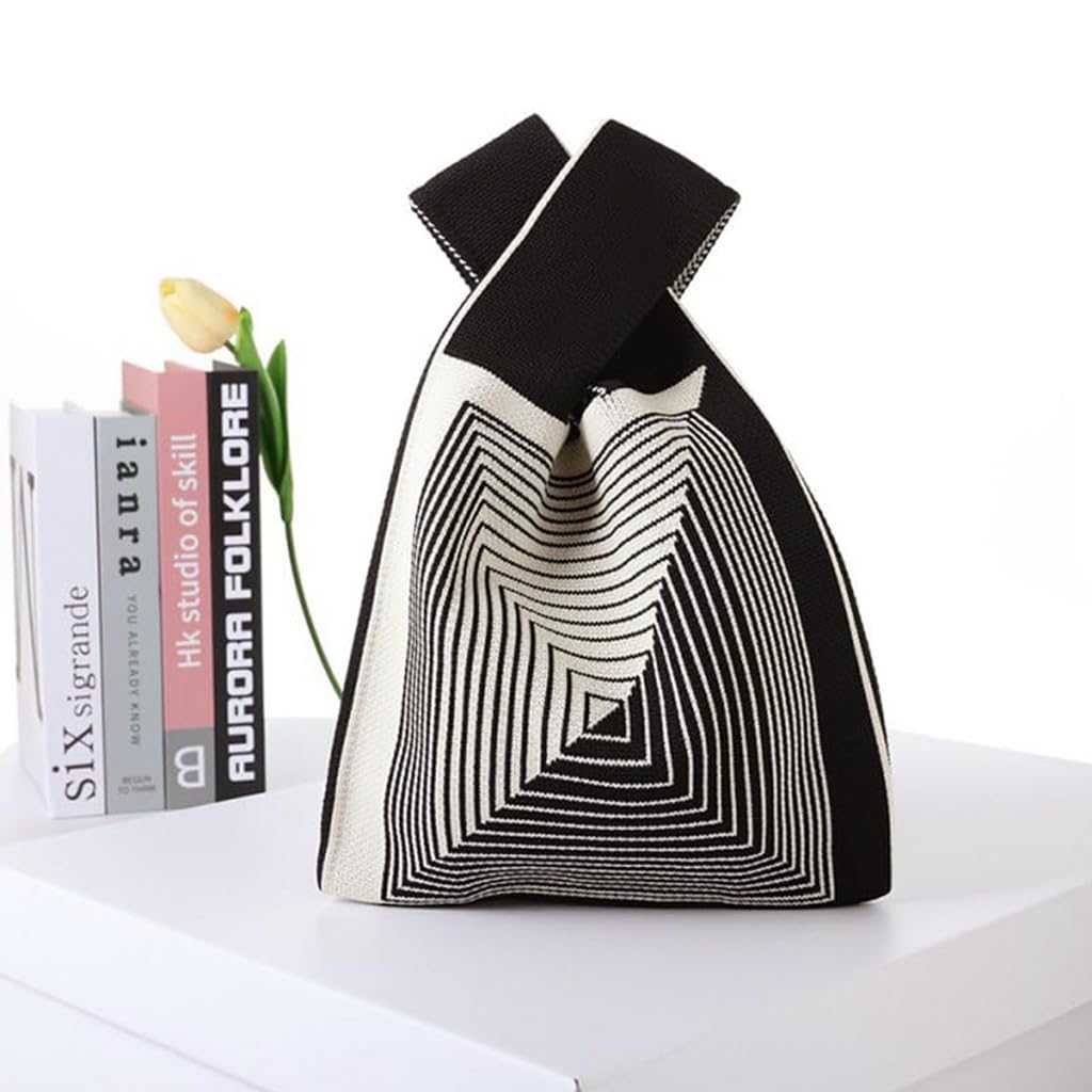 ZIBUYU Fashion Knitting Wrist Handbag Mini Tote Bag Geometric Knitting Pattern Bag Lunch Box Bag Purse Tote Daily Casual Bag