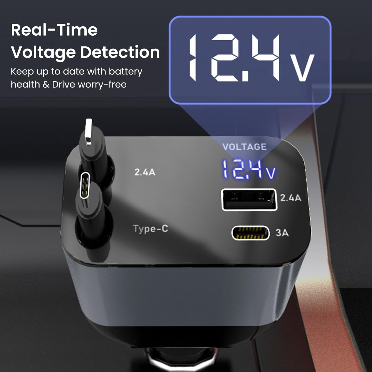 STHIRA Retractable Car Charger 4 in 1 for Vehicle Use with 66W Output and Dual Cables | Compact Design