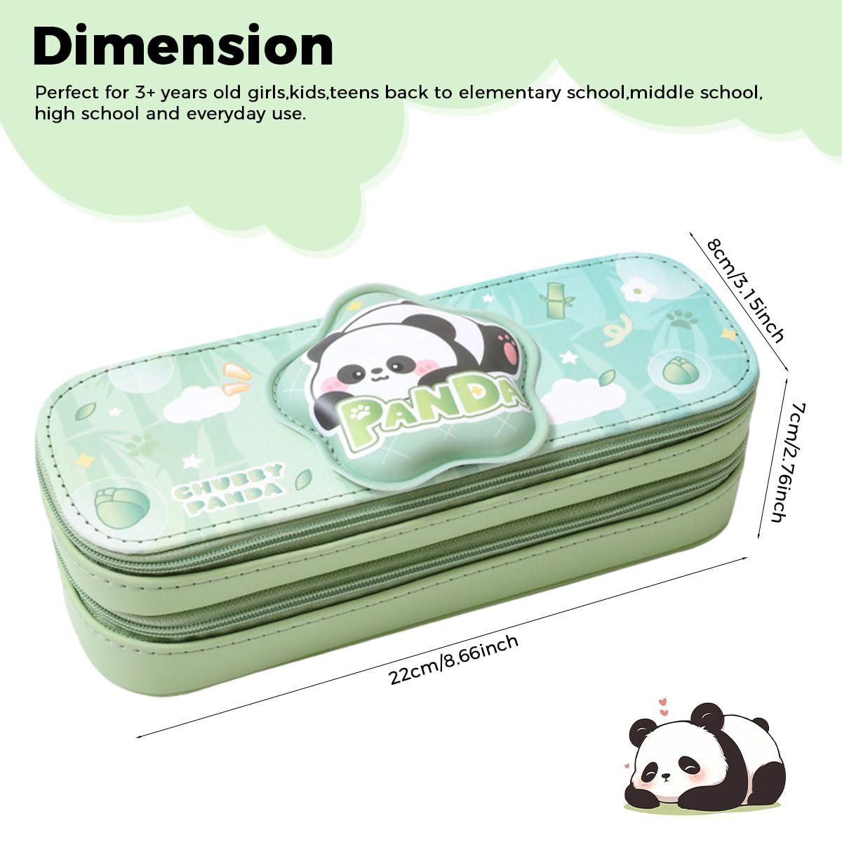 Zibuyu Pencil Box for Kids with Double Layer 22×7.5×7.5cm Design | Green Polyester Panda Organizer